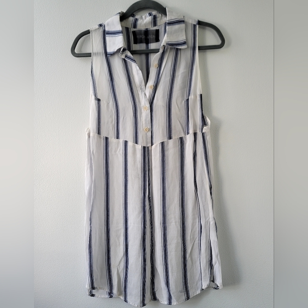 Reformation stripe sleeveless Collared sheer Shirt mini dress